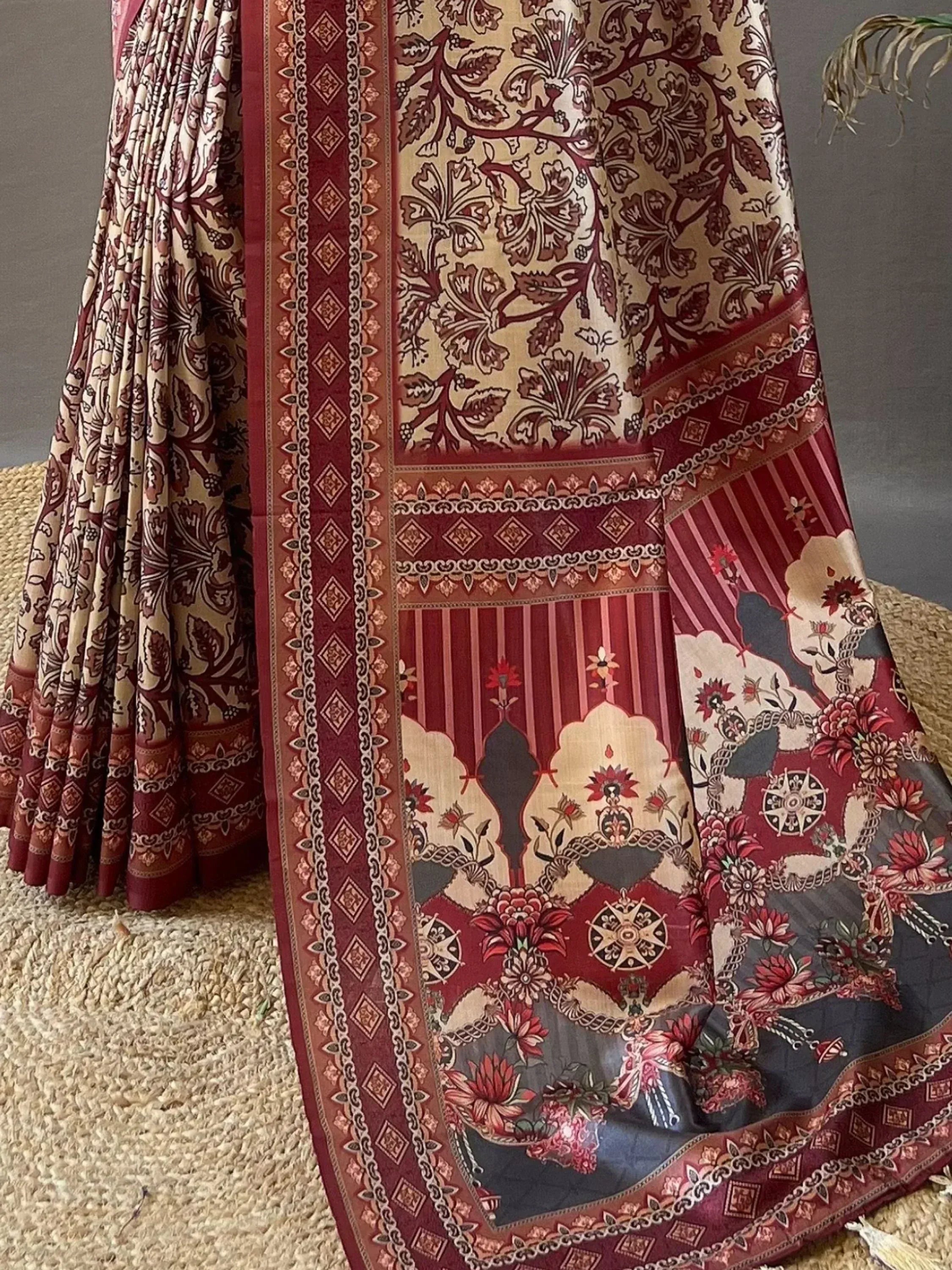 Elegant maroon and cream floral print lehenga choli with intricate border design
