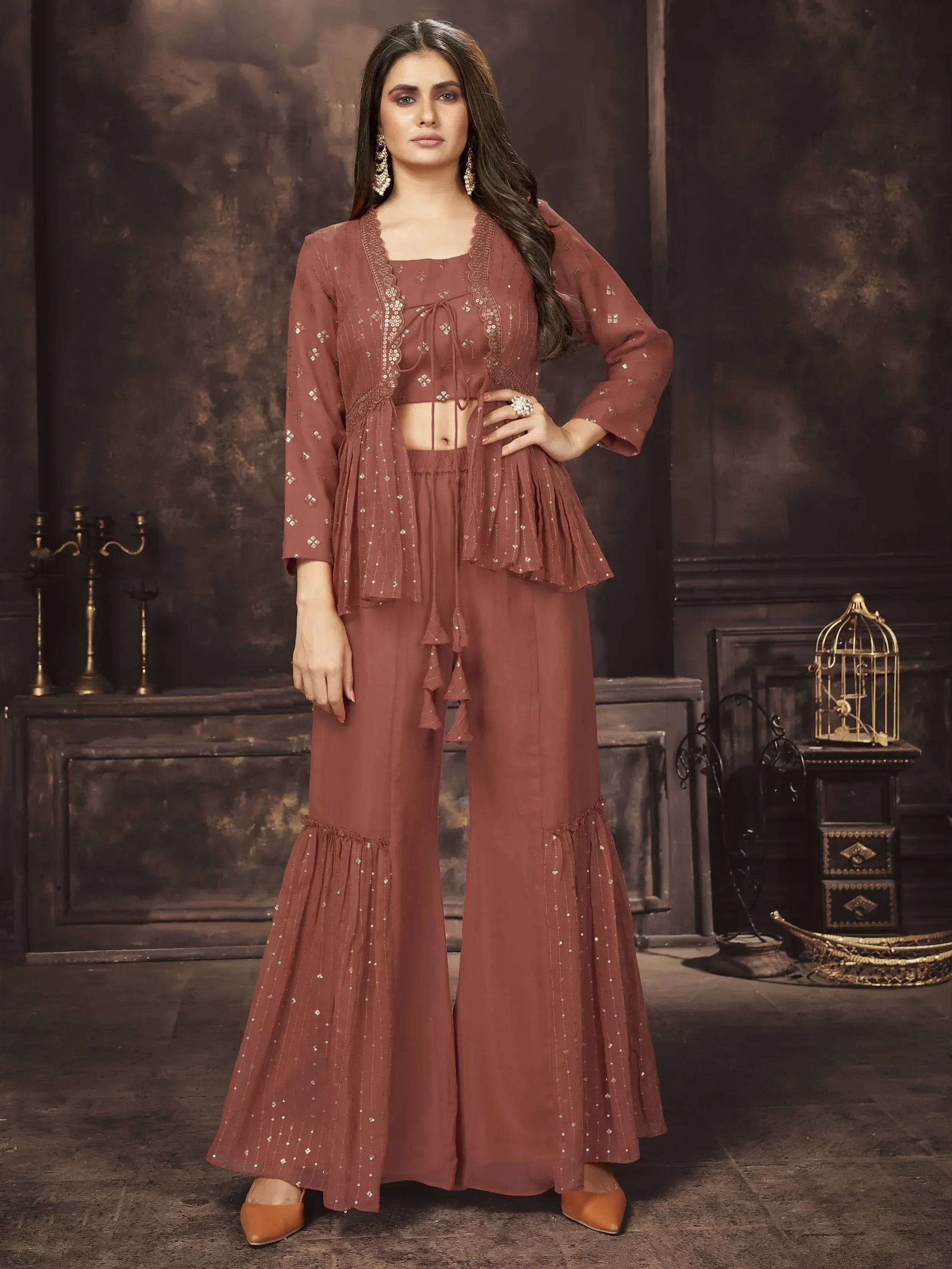 Stylish maroon ethnic palazzo set with sequin embroidery and flared pants for women