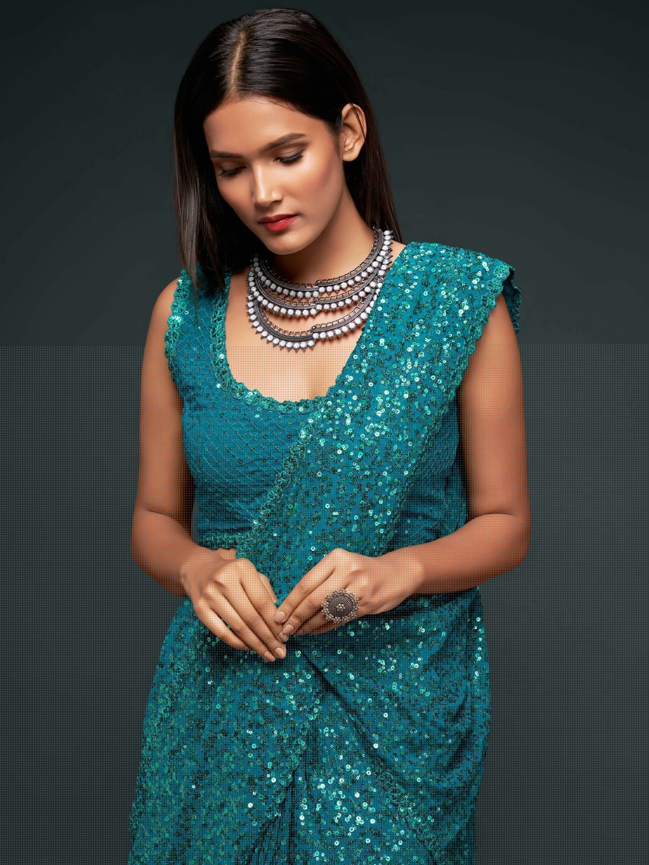 Teal Blue Fully Sequined Georgette Party Wear Saree