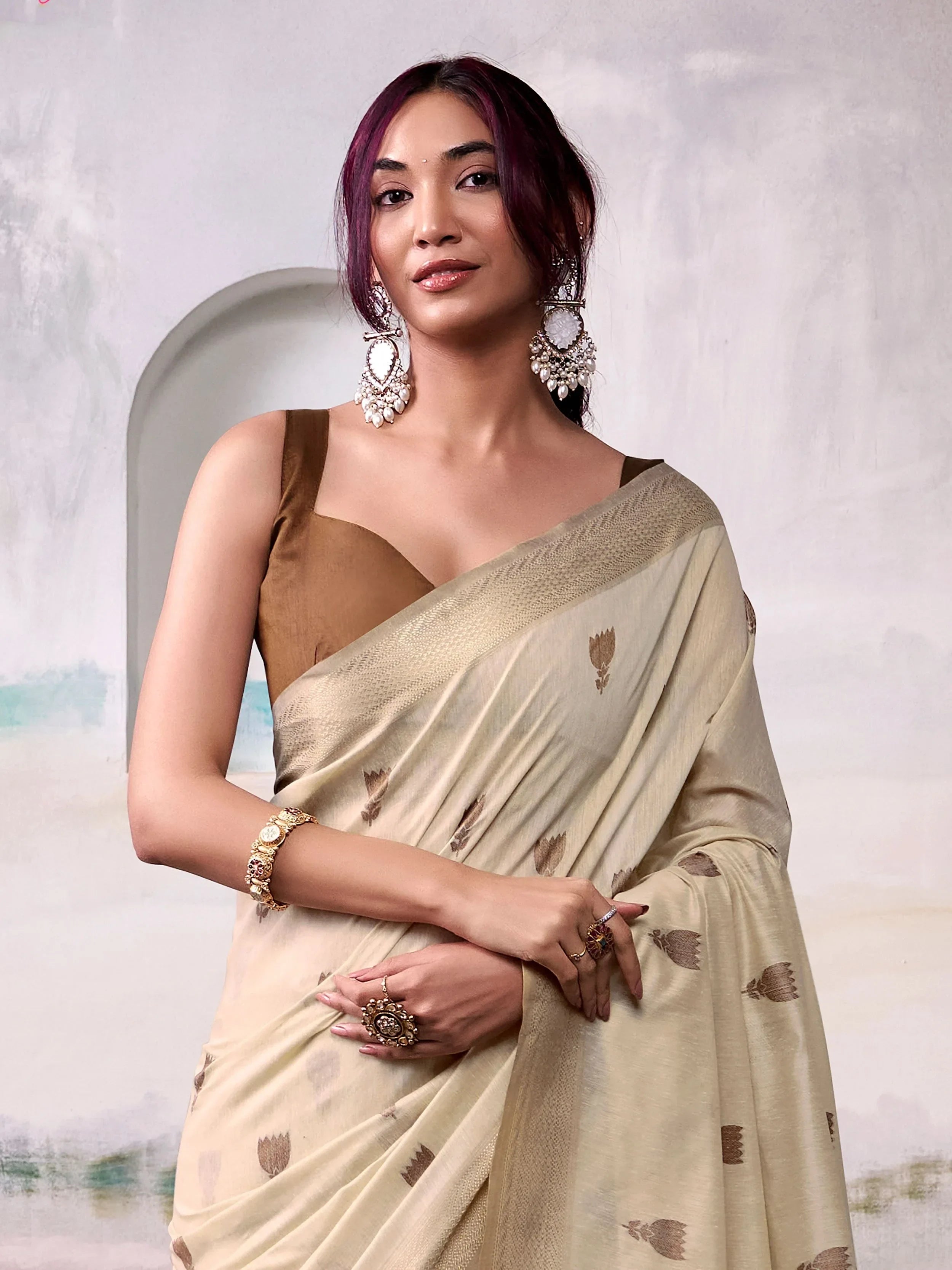 Dazzling Cream Floral Weaving Cotton Saree With Blouse