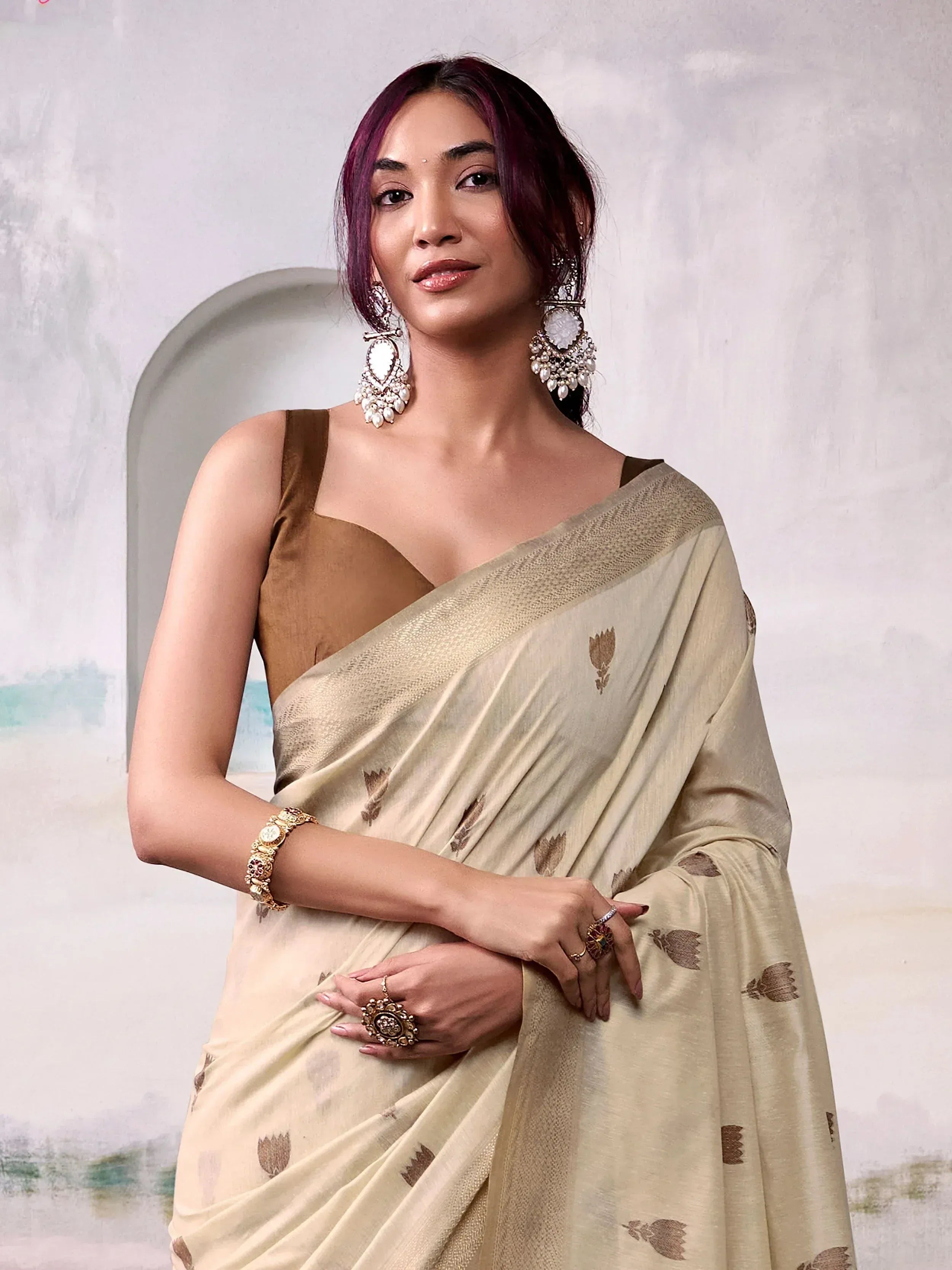 Dazzling Cream Floral Weaving Cotton Saree With Blouse