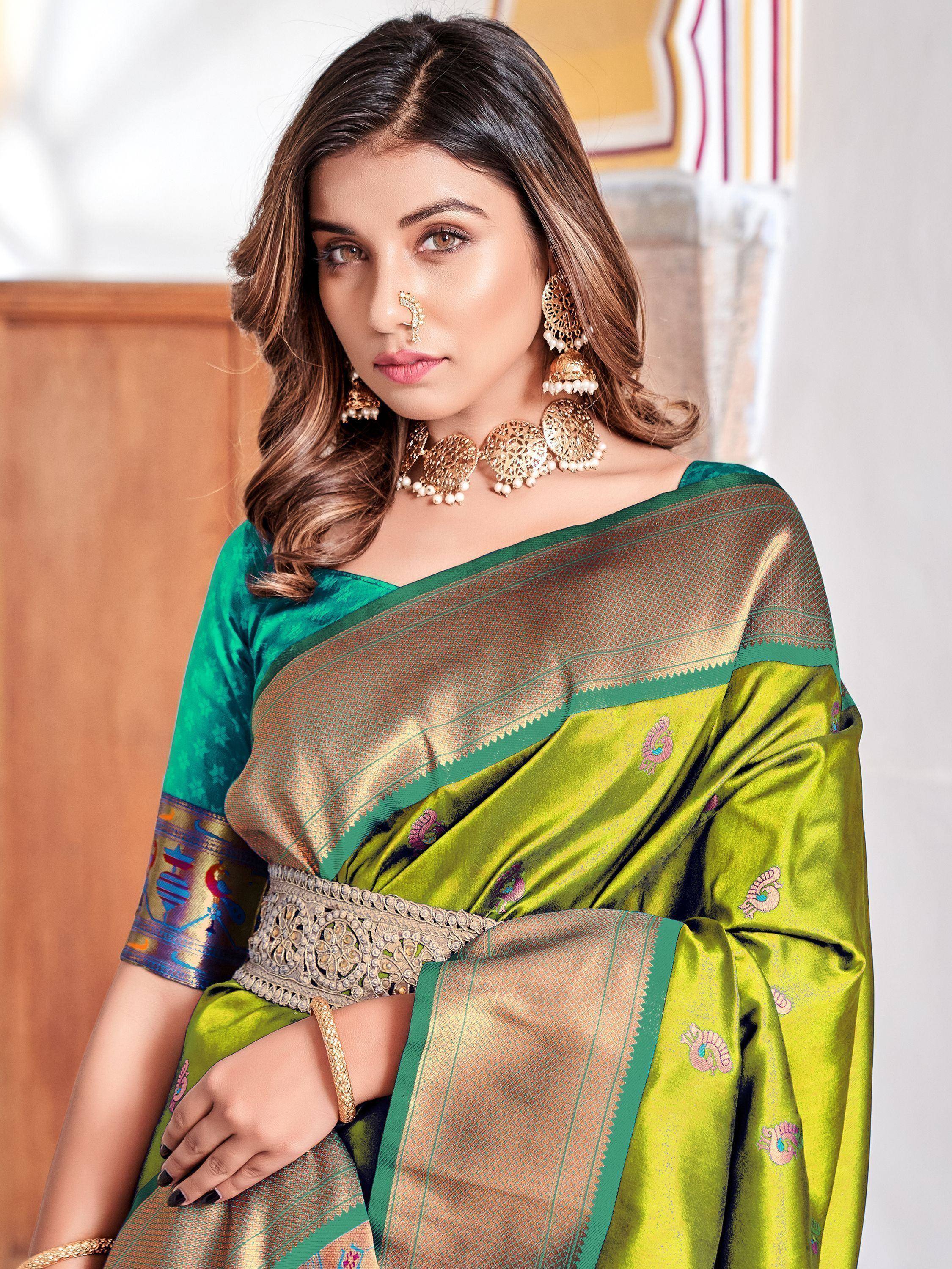 Green and gold designer saree with peacock embroidery, traditional Indian ethnic wear for women