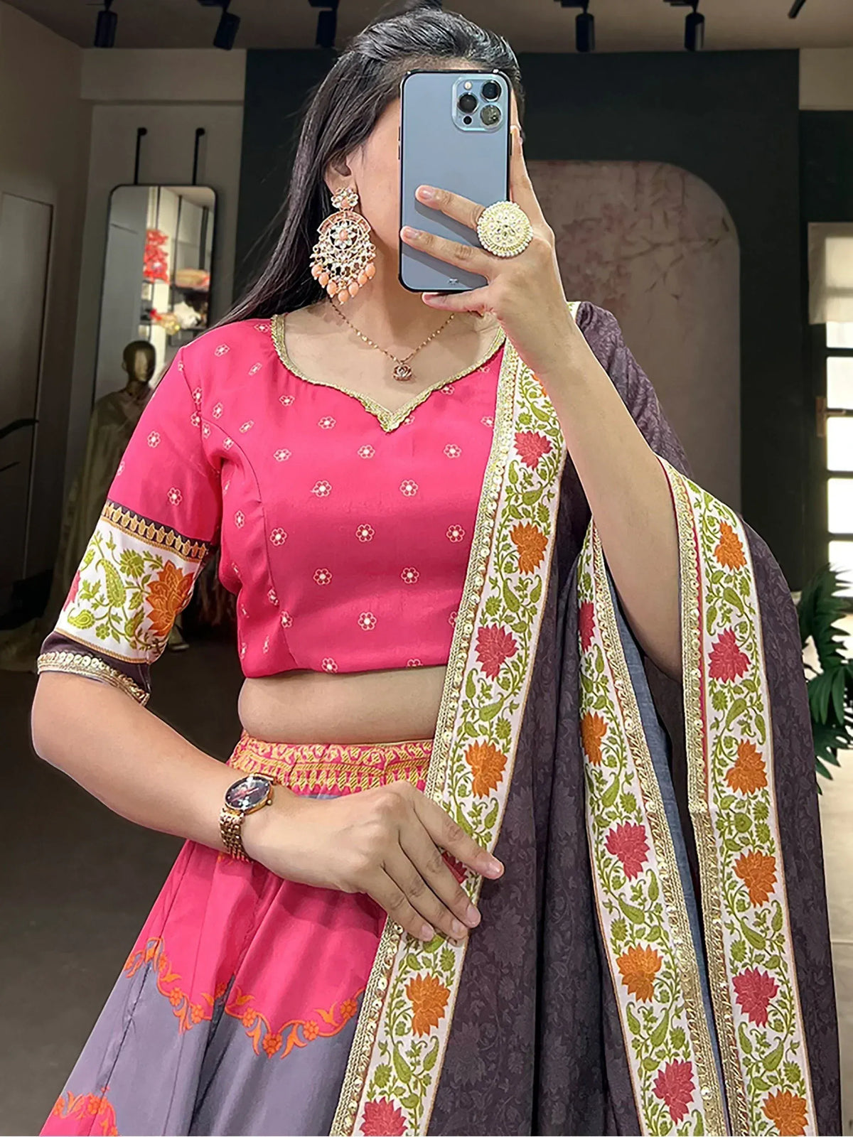 Pink and purple floral lehenga choli with gold embroidery, perfect for Indian ethnic wear occasions