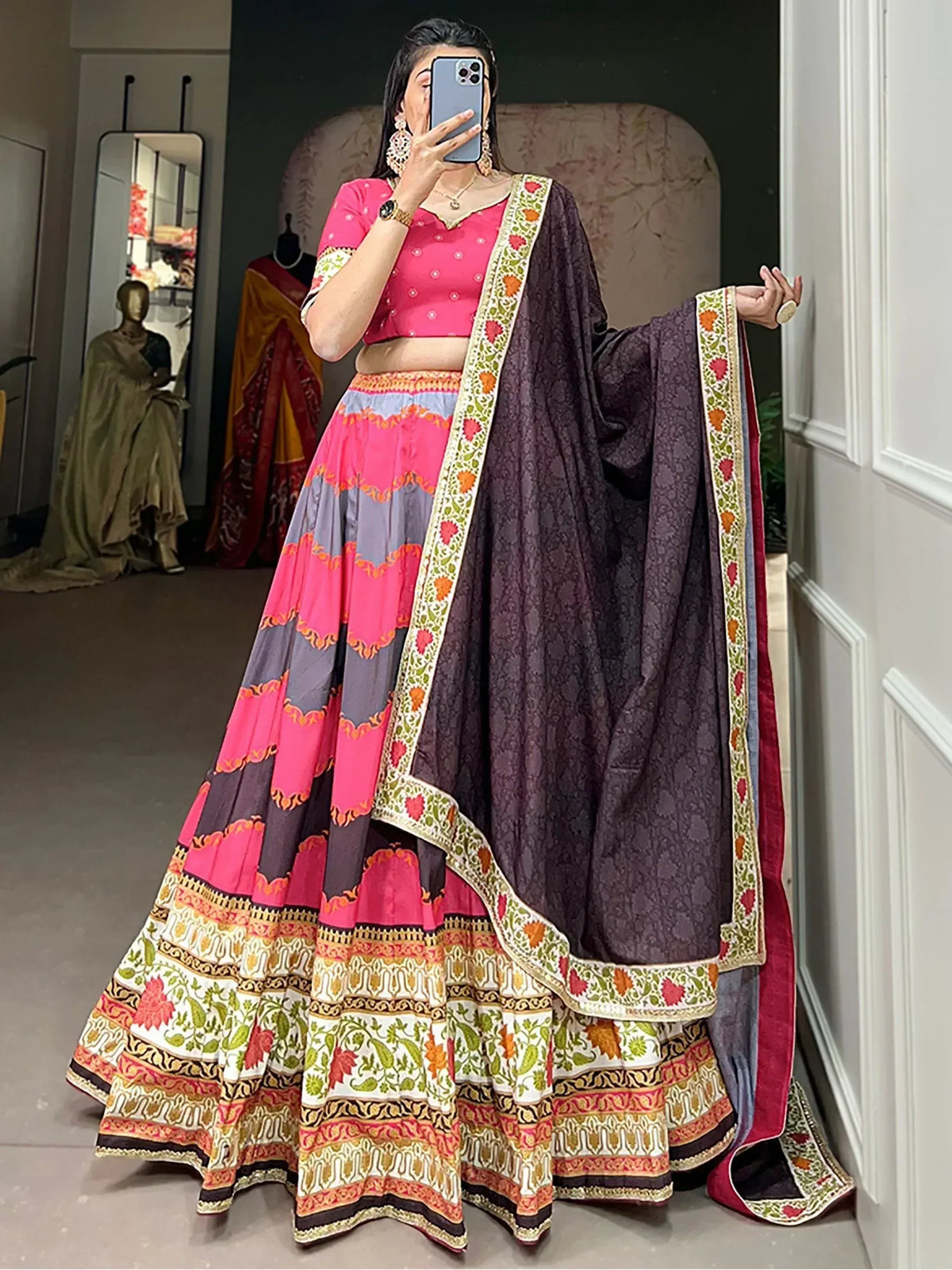Pink and purple printed lehenga choli with floral dupatta, ethnic Indian wear for women