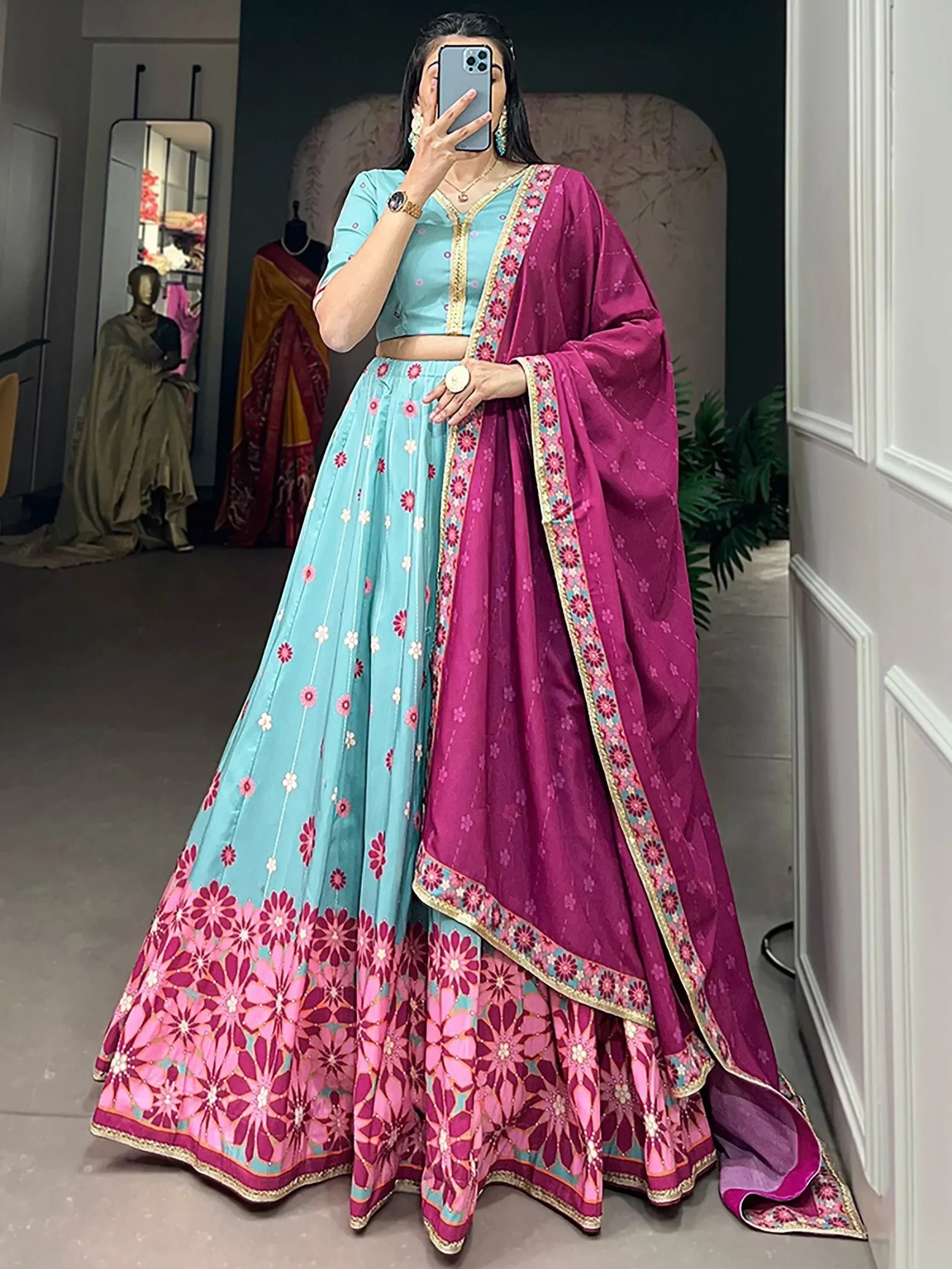 Turquoise and magenta floral lehenga choli with embroidered dupatta, Indian ethnic wear