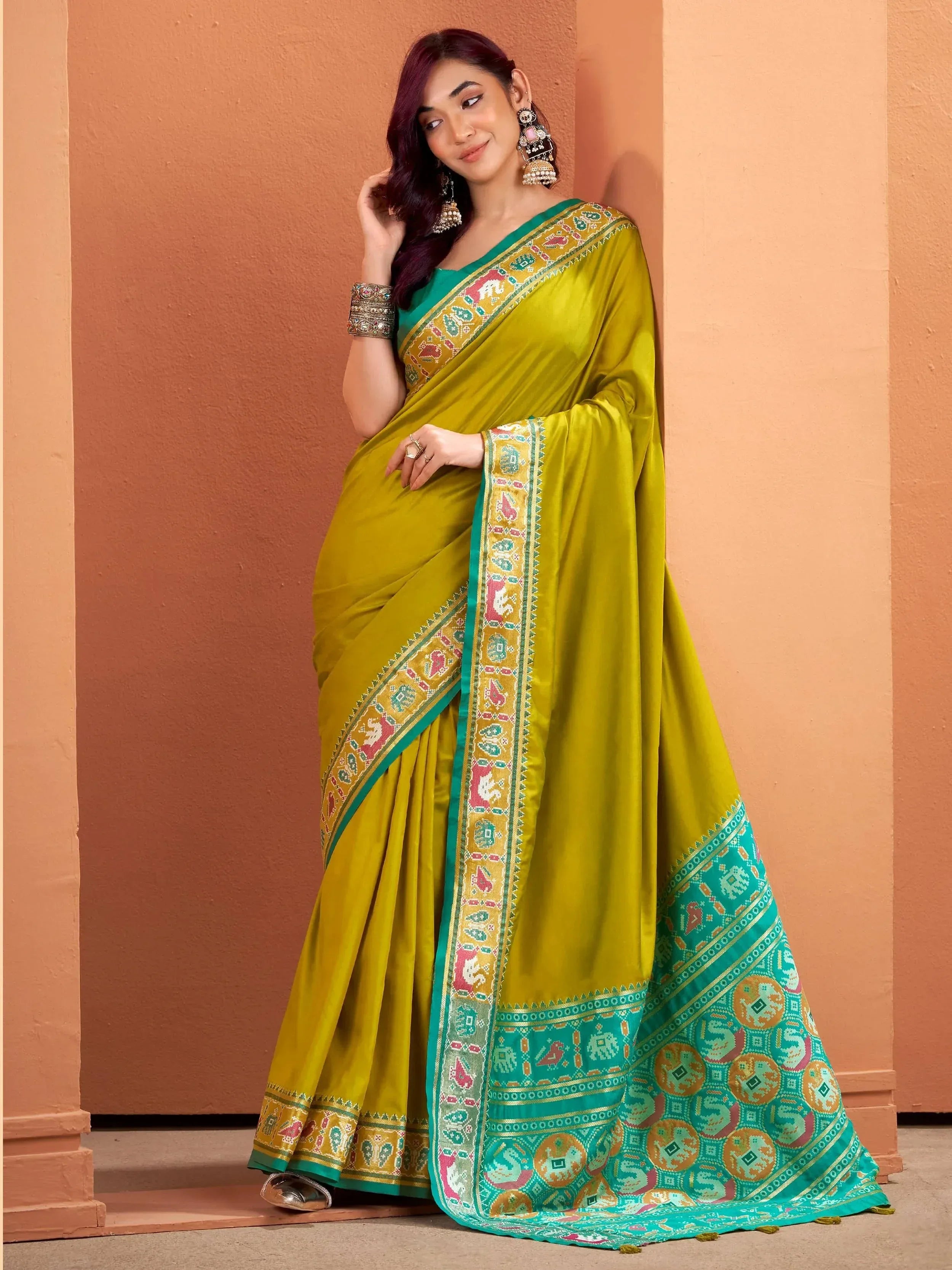 Yellow green saree with elephant print border, Indian ethnic wear for women