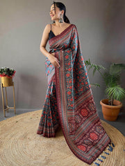 Surprising Blue Digital Printed Silk Wedding Wear Saree With Blouse