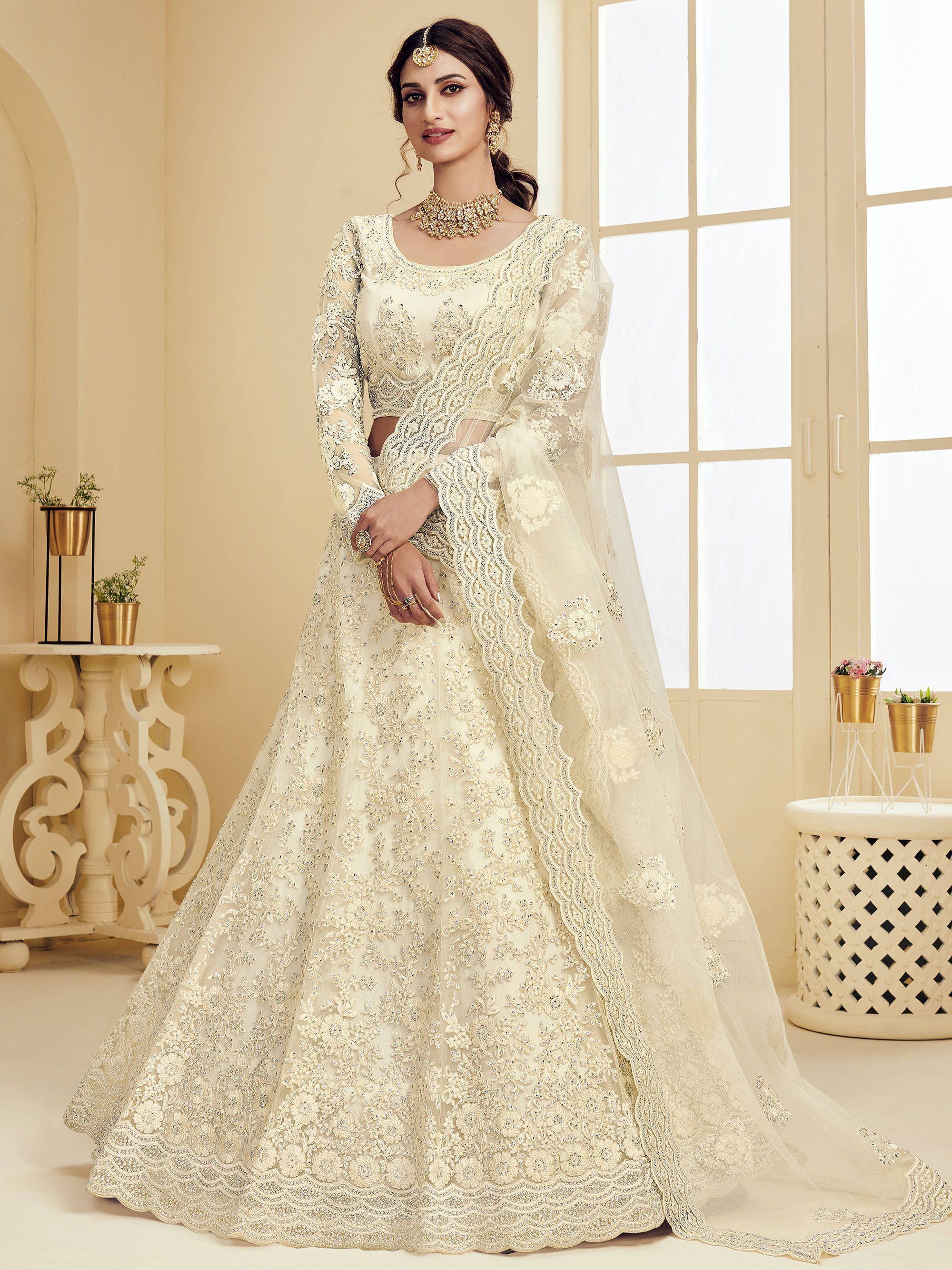 Off White Coding Embroidered Net Bridal Lehenga Choli