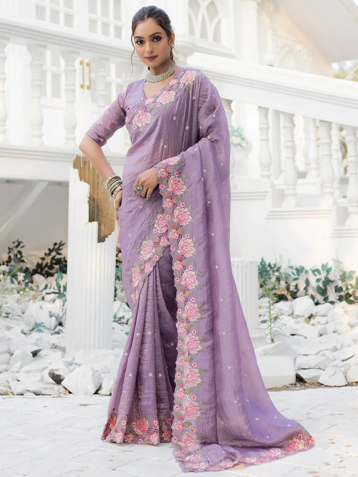 Lavender floral embroidered saree with matching blouse, perfect for Indian ethnic occasions