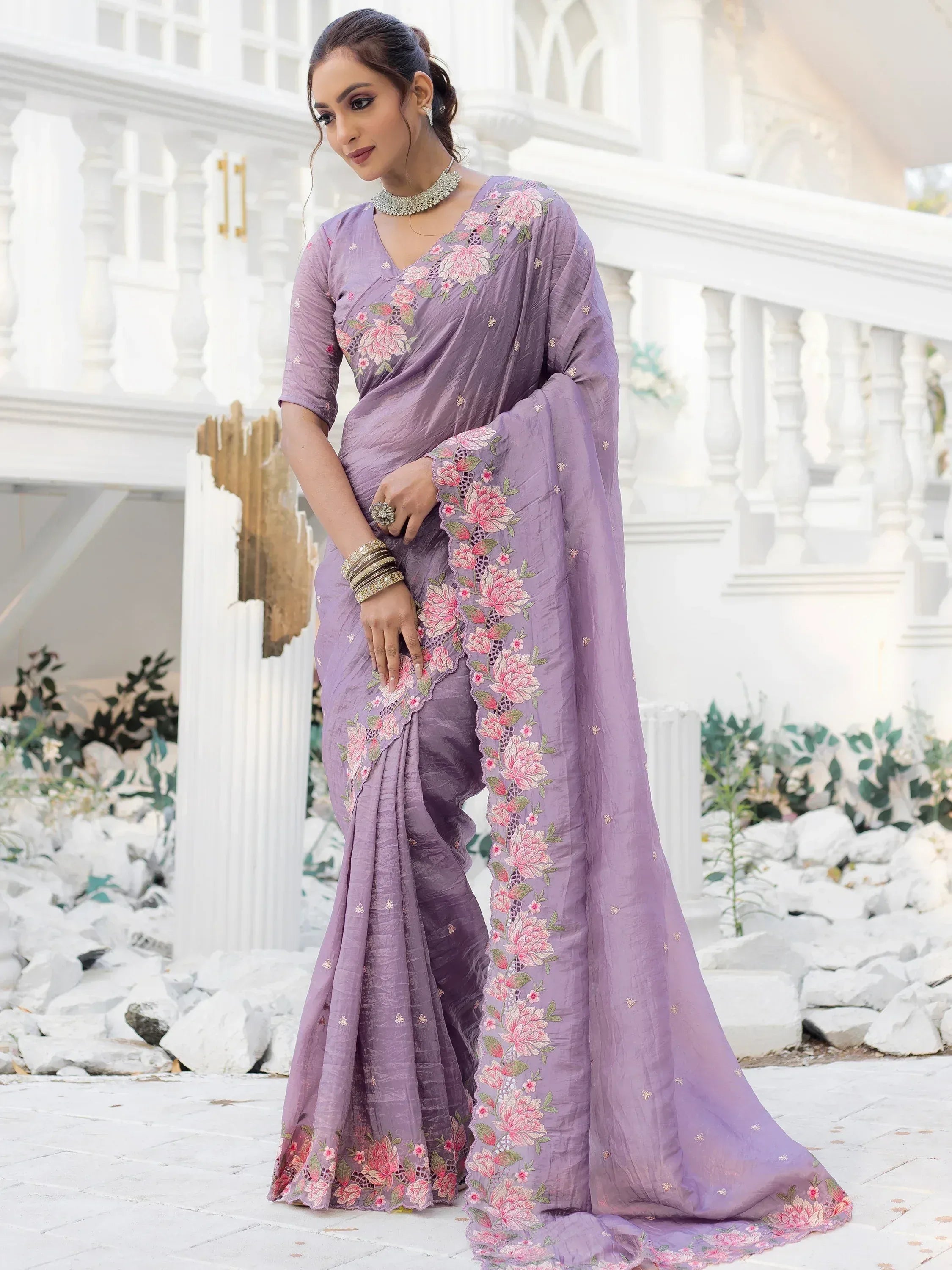 Lavender saree with pink floral embroidery, perfect for Indian ethnic wear occasions