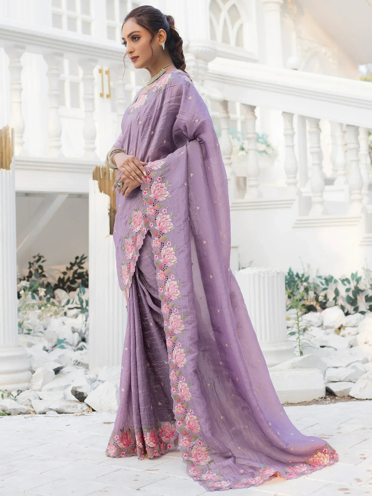 Lavender floral embroidered saree with pink blossoms, perfect for Indian ethnic wear occasions