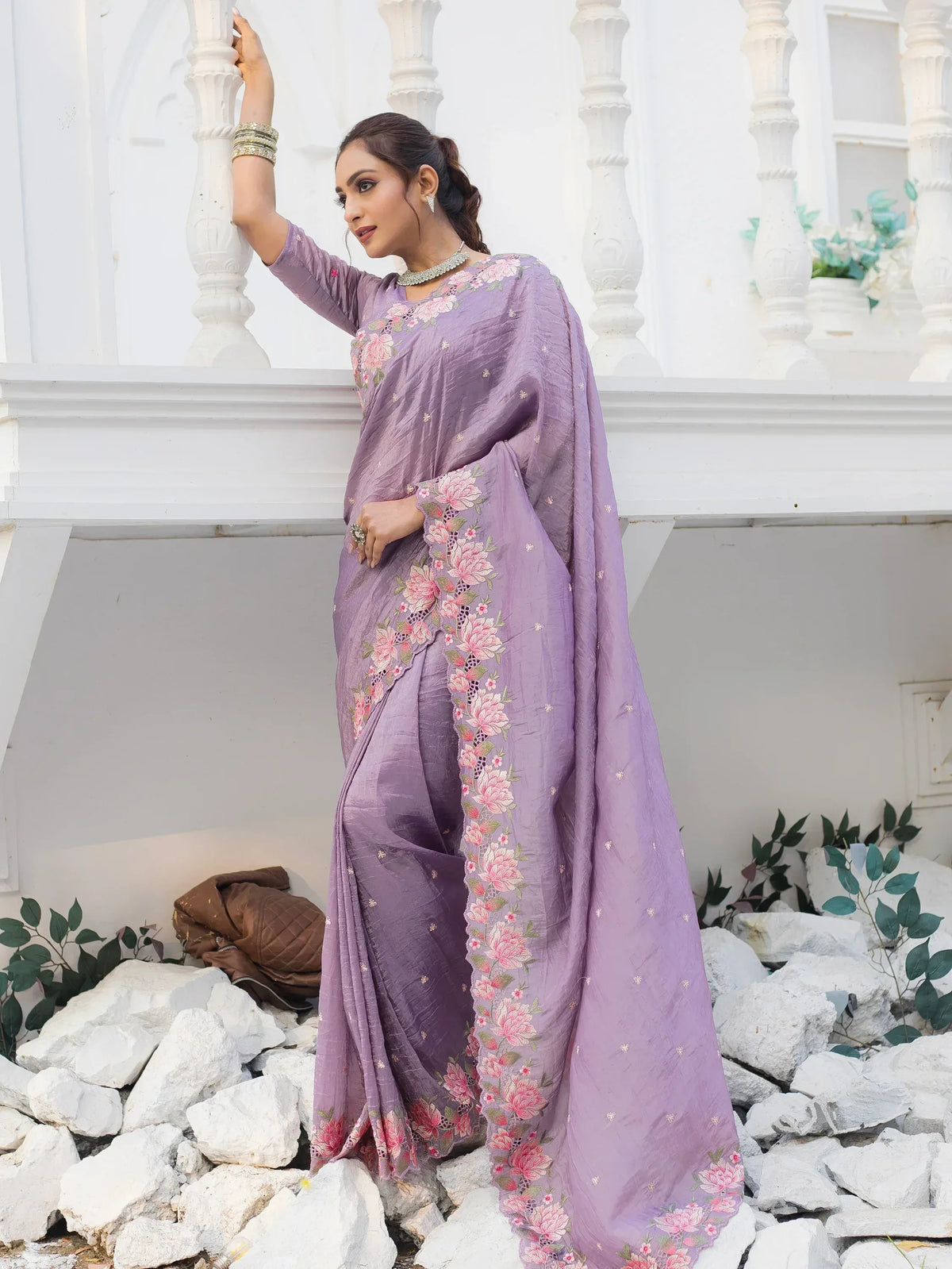 Lavender floral embroidered saree with matching blouse, ideal for Indian ethnic occasions and festive wear.