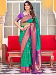 Pretty Teal Green Weaving Paithani Silk Traditional Saree With Blouse