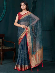 Captivating Blue Beads Work Jacquard Event Wear Saree With Blouse