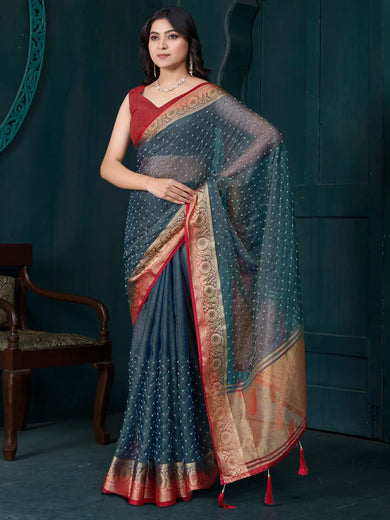 Captivating Blue Beads Work Jacquard Event Wear Saree With Blouse