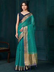 Beautiful Sea Green Beads Work Jacquard Traditional Saree With Blouse