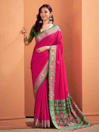 Rich Hot Pink Patola Silk Weaving Function Wear Saree With Blouse