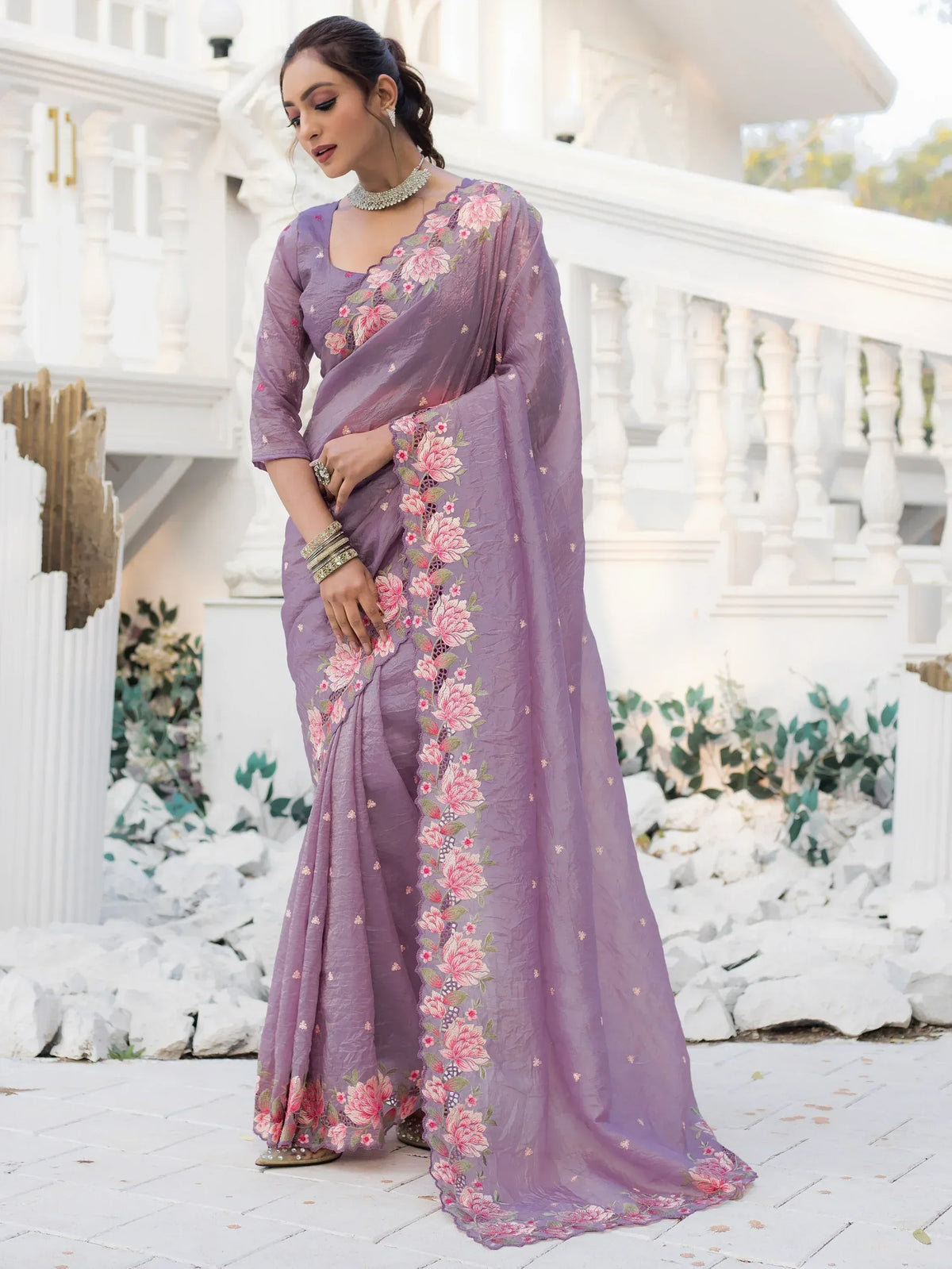 Lavender saree with pink floral embroidery, perfect for Indian ethnic wear occasions