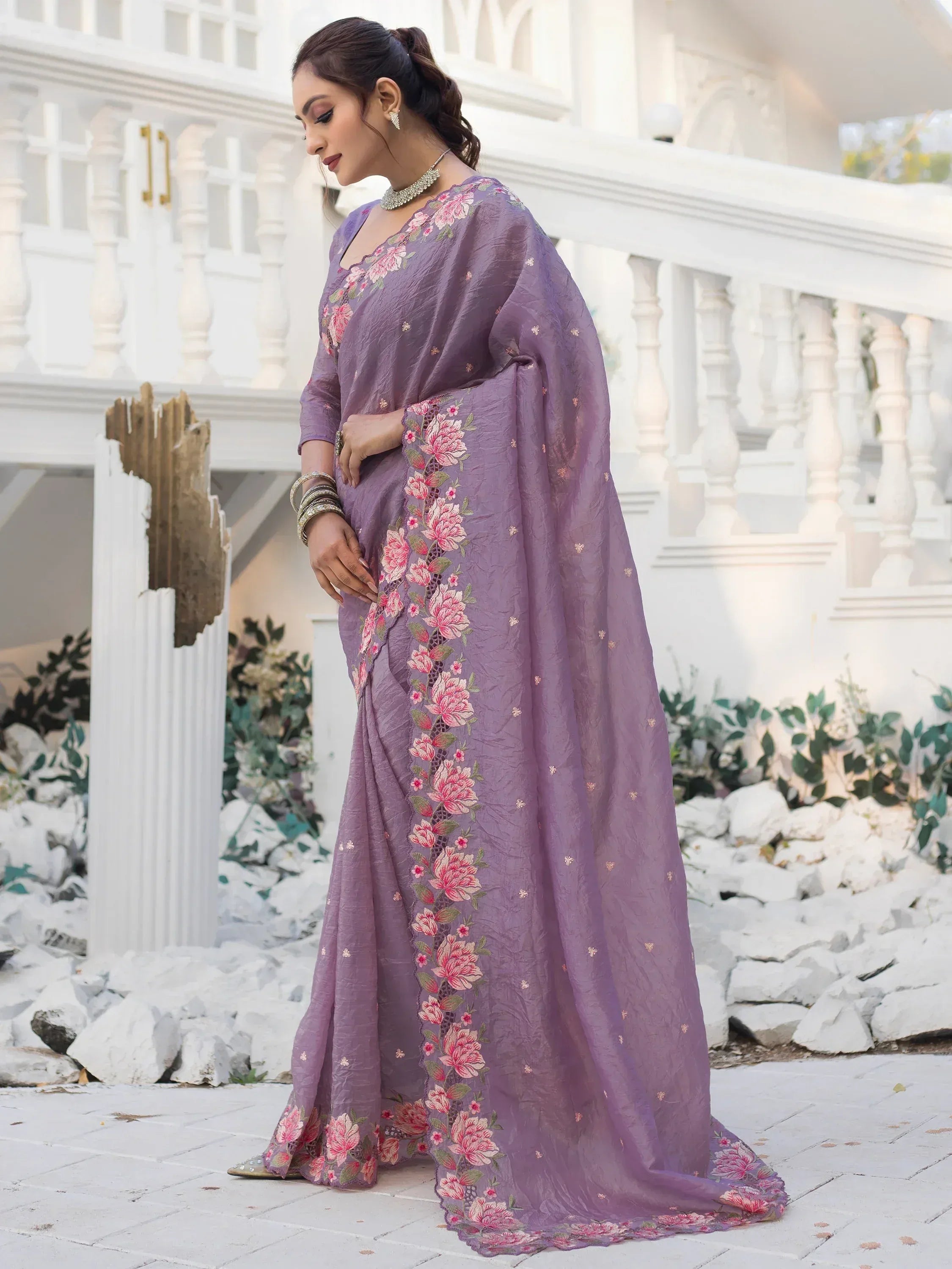 Purple floral embroidered saree with matching blouse, perfect for Indian ethnic occasions
