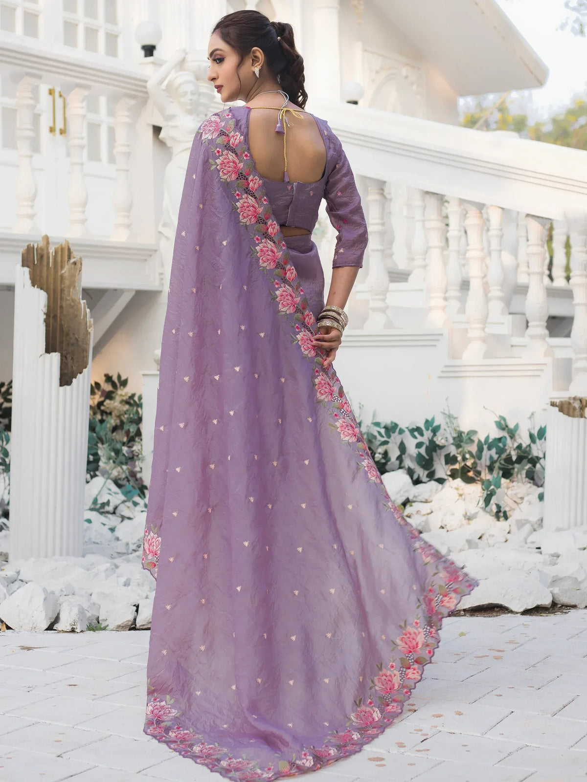 Lavender floral embroidered lehenga choli with backless blouse, perfect for Indian ethnic occasions.