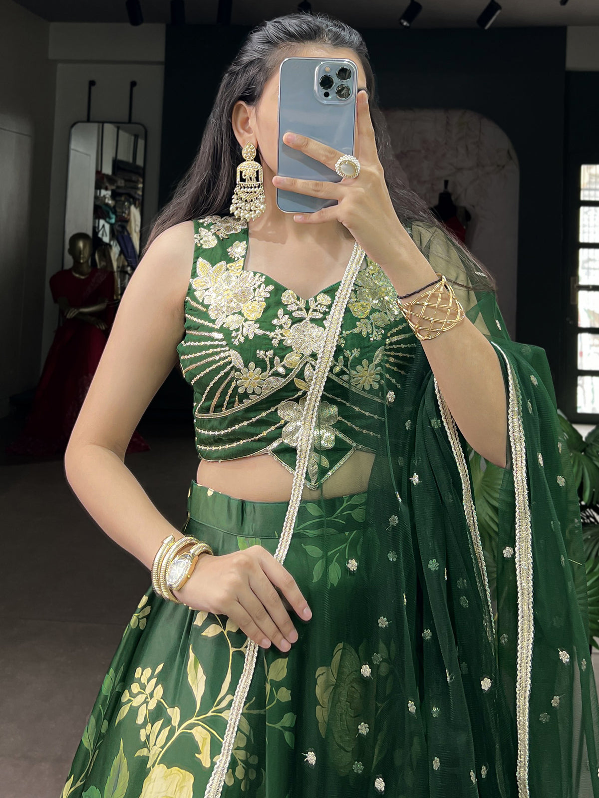 Elegant Green Floral Printed Silk Mehendi Wear Lehenga Choli With Dupatta