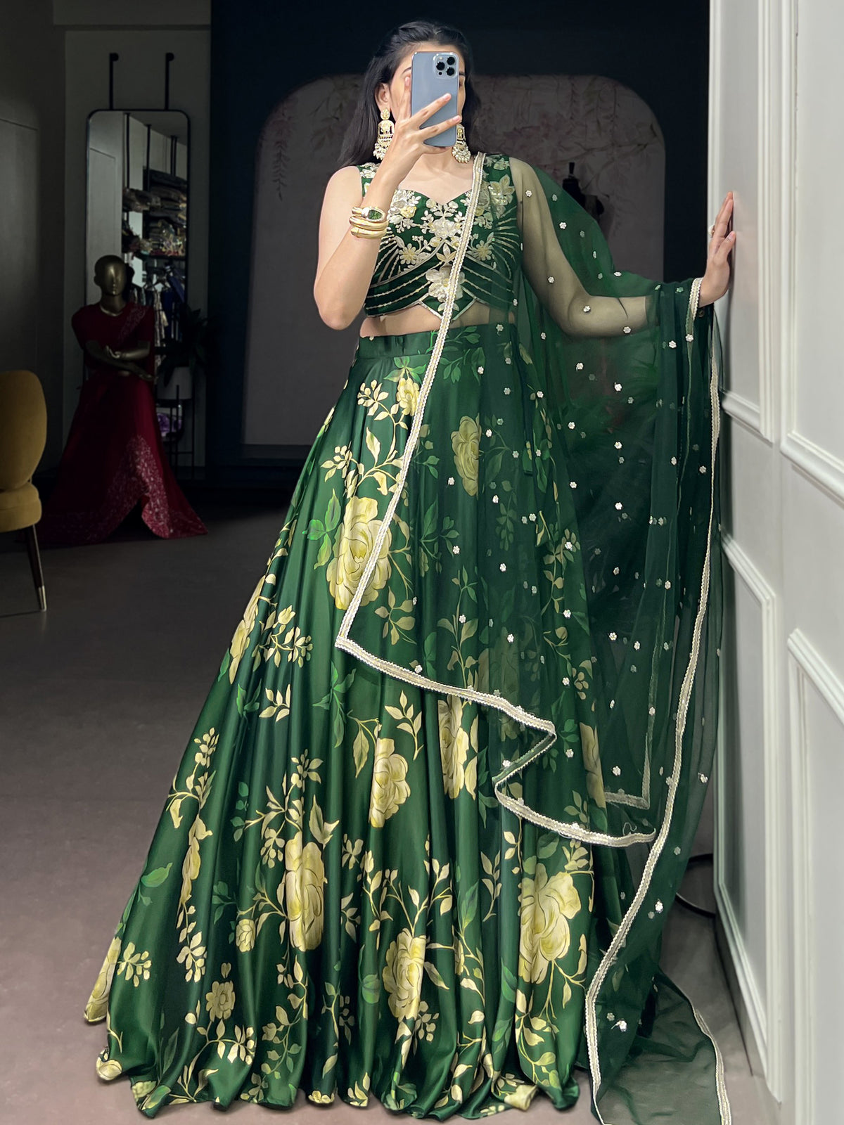 Elegant Green Floral Printed Silk Mehendi Wear Lehenga Choli With Dupatta