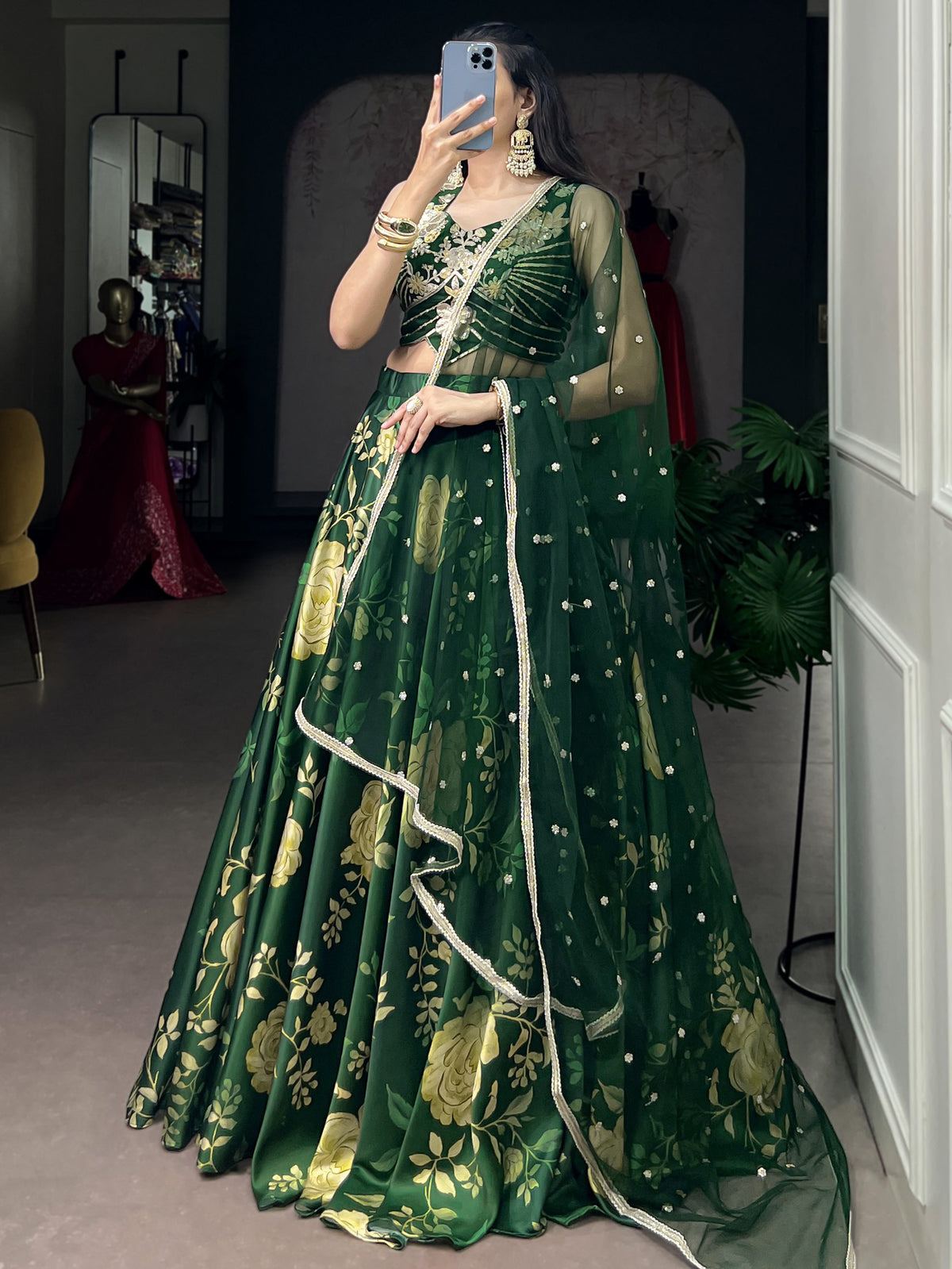 Elegant Green Floral Printed Silk Mehendi Wear Lehenga Choli With Dupatta