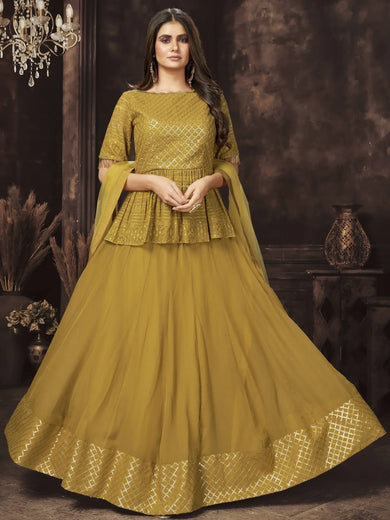Comforting Mustard Yellow Sequins Georgette Ready Made Lehenga Suit