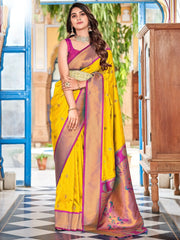 Fetching Yellow Weaving Paithani Silk Haldi Wear Saree With Blouse