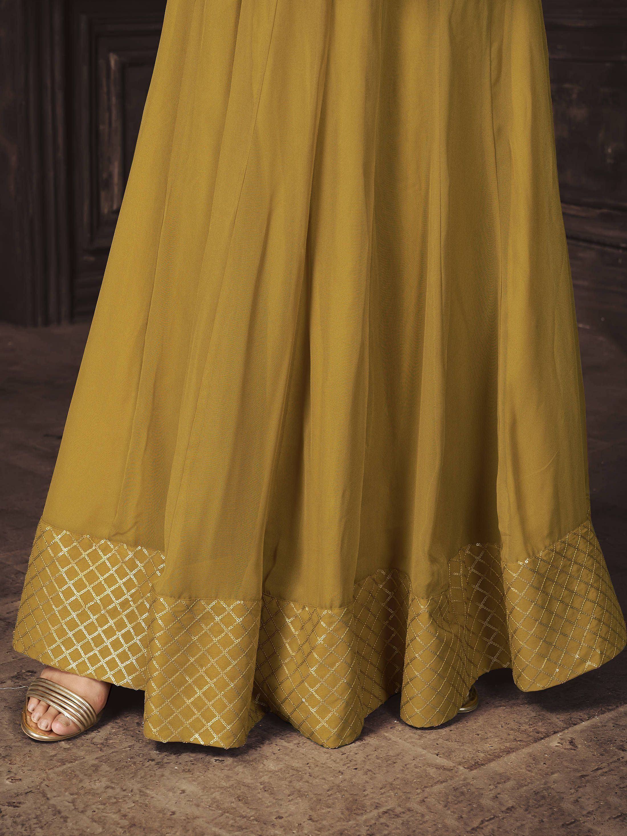 Mustard yellow ethnic gown with sequin diamond border, perfect for Indian occasions