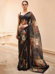 Sabyasachi Black Floral Organza Party Wear Saree