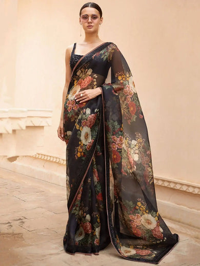 Sabyasachi Black Floral Organza Party Wear Saree
