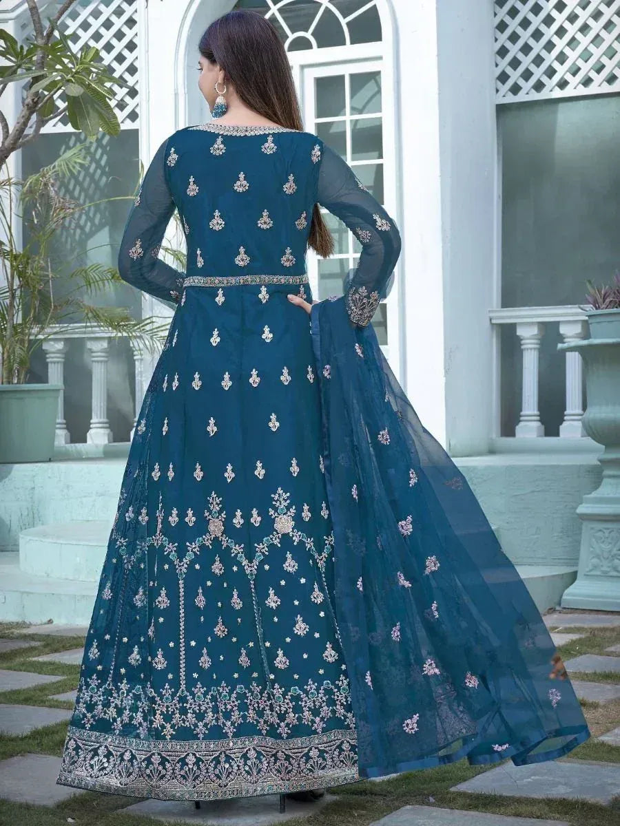Teal embroidered anarkali suit with sheer sleeves and dupatta, perfect for Indian ethnic occasions