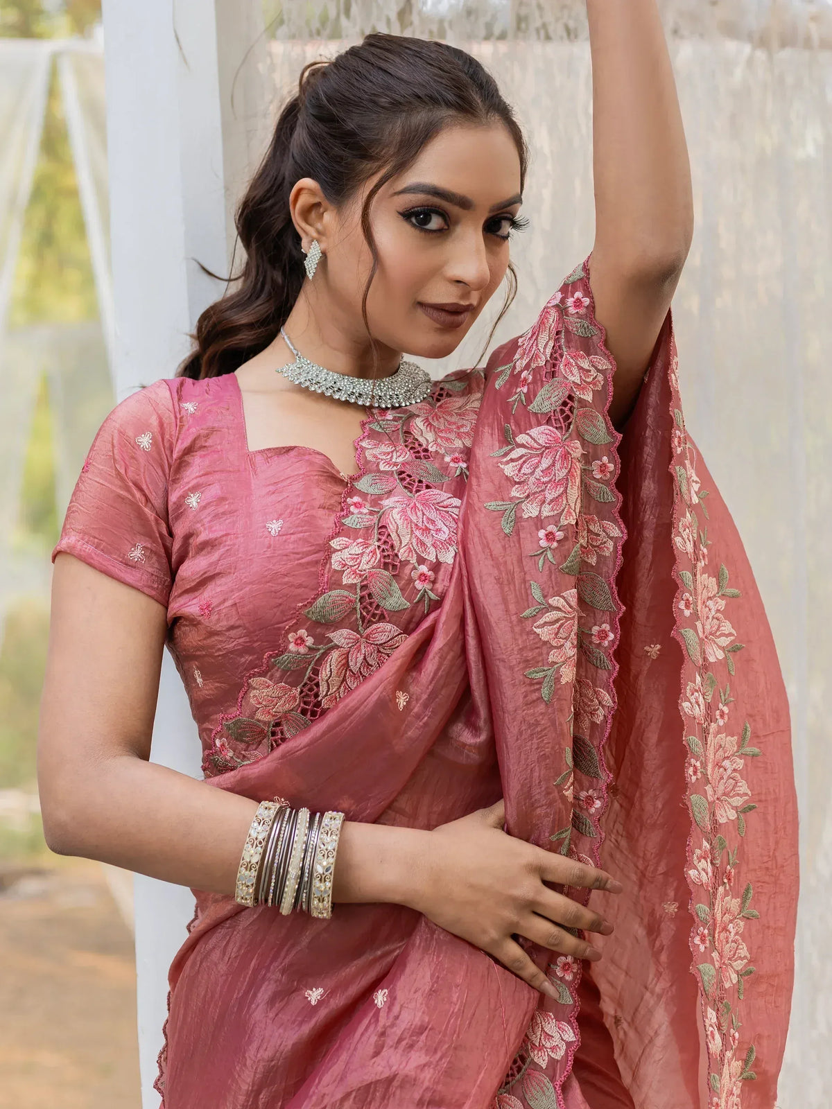 Pink floral embroidered saree with designer blouse, perfect for Indian ethnic occasions