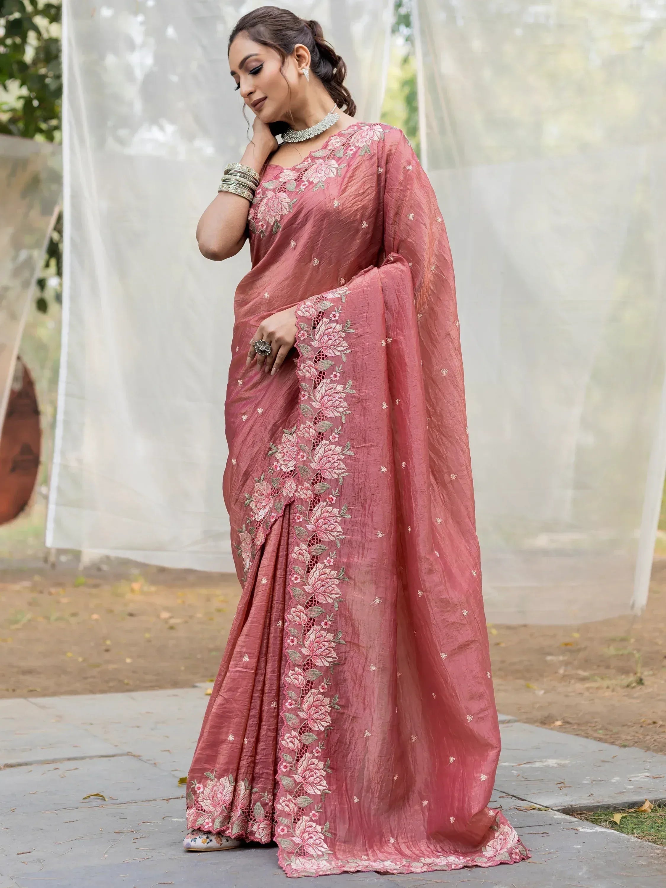 Pink floral embroidered saree with lace detailing, perfect for Indian ethnic occasions