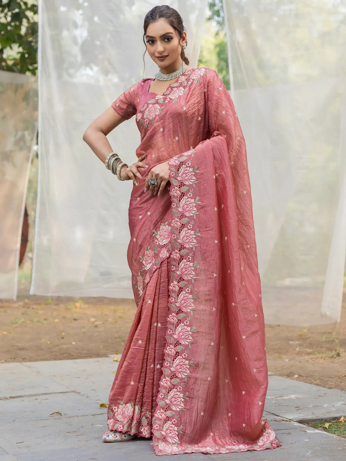 Pink floral embroidered saree with matching blouse, perfect for ethnic occasions