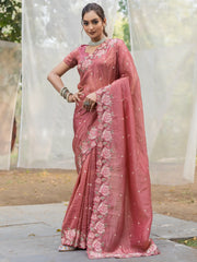 Amazing Coral Pink Embroidered Silk Event Wear Saree With Blouse