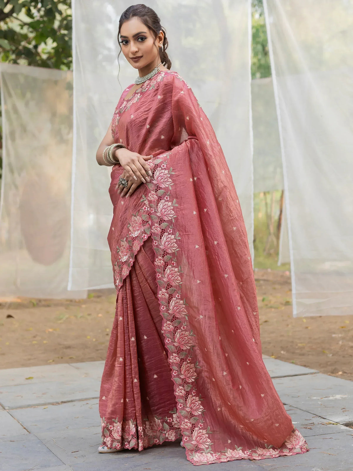 Pink floral embroidered saree with lace detailing, perfect for Indian ethnic occasions