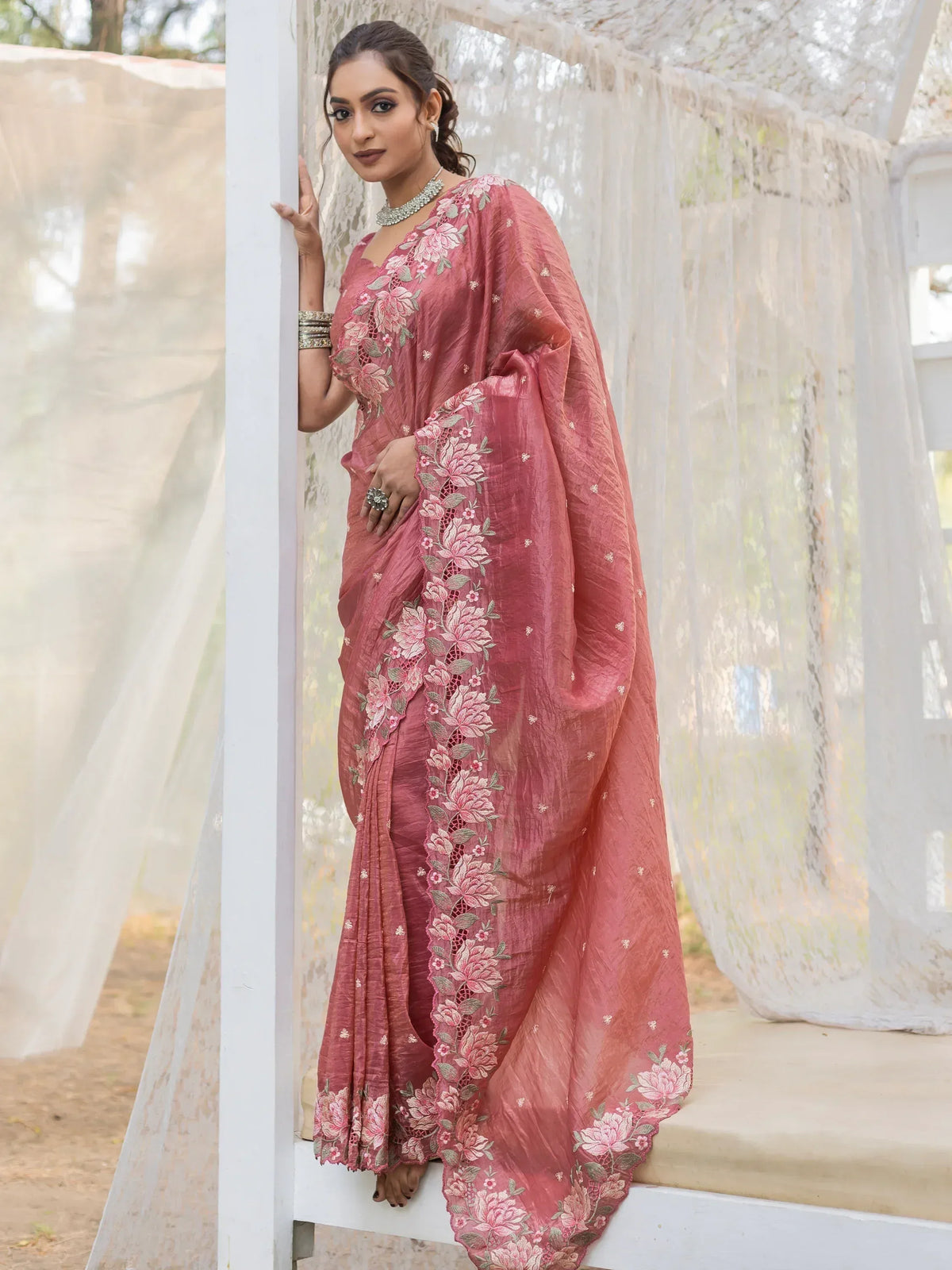 Pink floral embroidered saree with lace detailing, perfect for Indian ethnic occasions