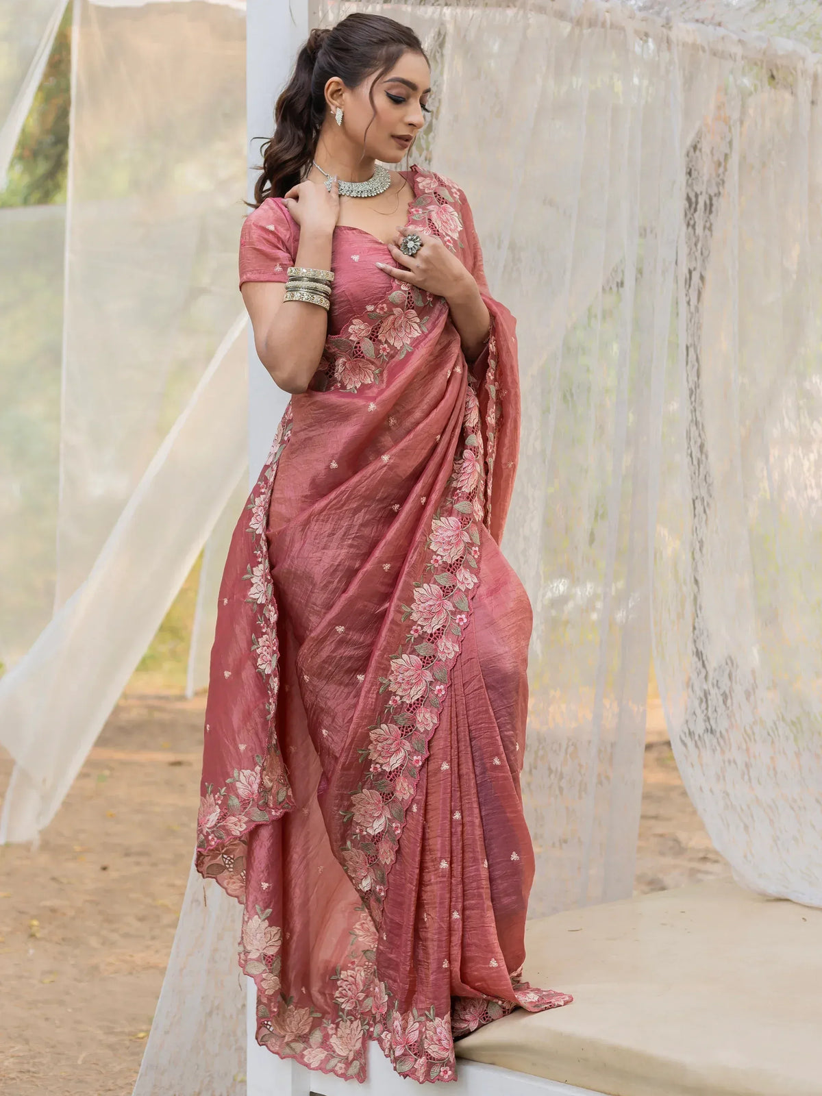Pink floral embroidered saree with matching blouse, perfect for Indian ethnic occasions and weddings