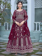 Alluring Maroon Embroidered Net Engagement Wear Gown With Dupatta