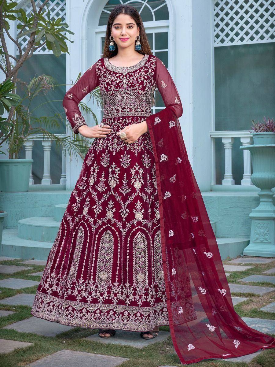 Maroon embroidered anarkali suit with net dupatta, perfect for Indian ethnic occasions