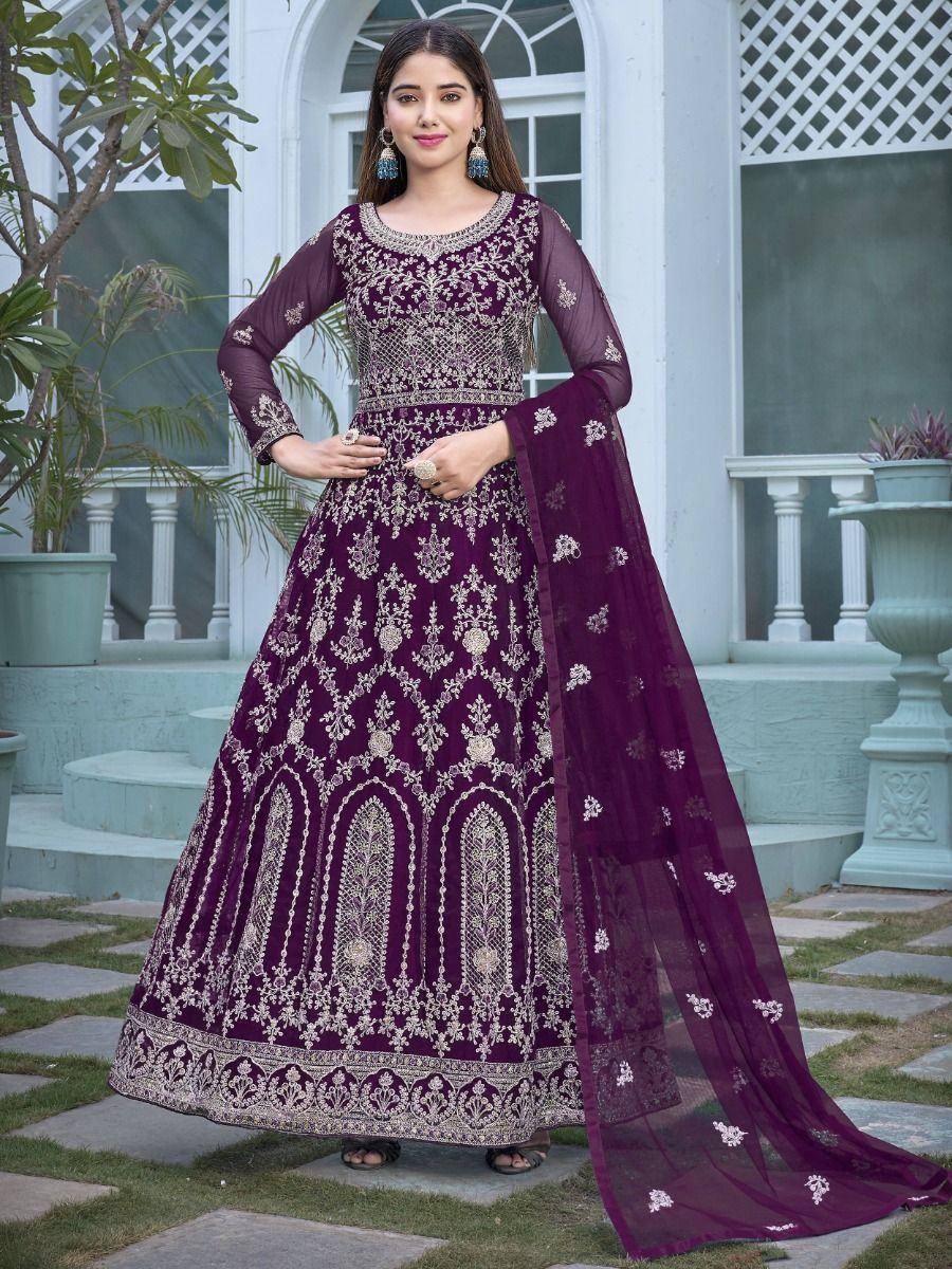 Elegant purple embroidered anarkali suit with dupatta, perfect for Indian ethnic occasions