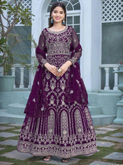 Adorable Purple Heavy Embroidery Net Event Wear Gown With Dupatta