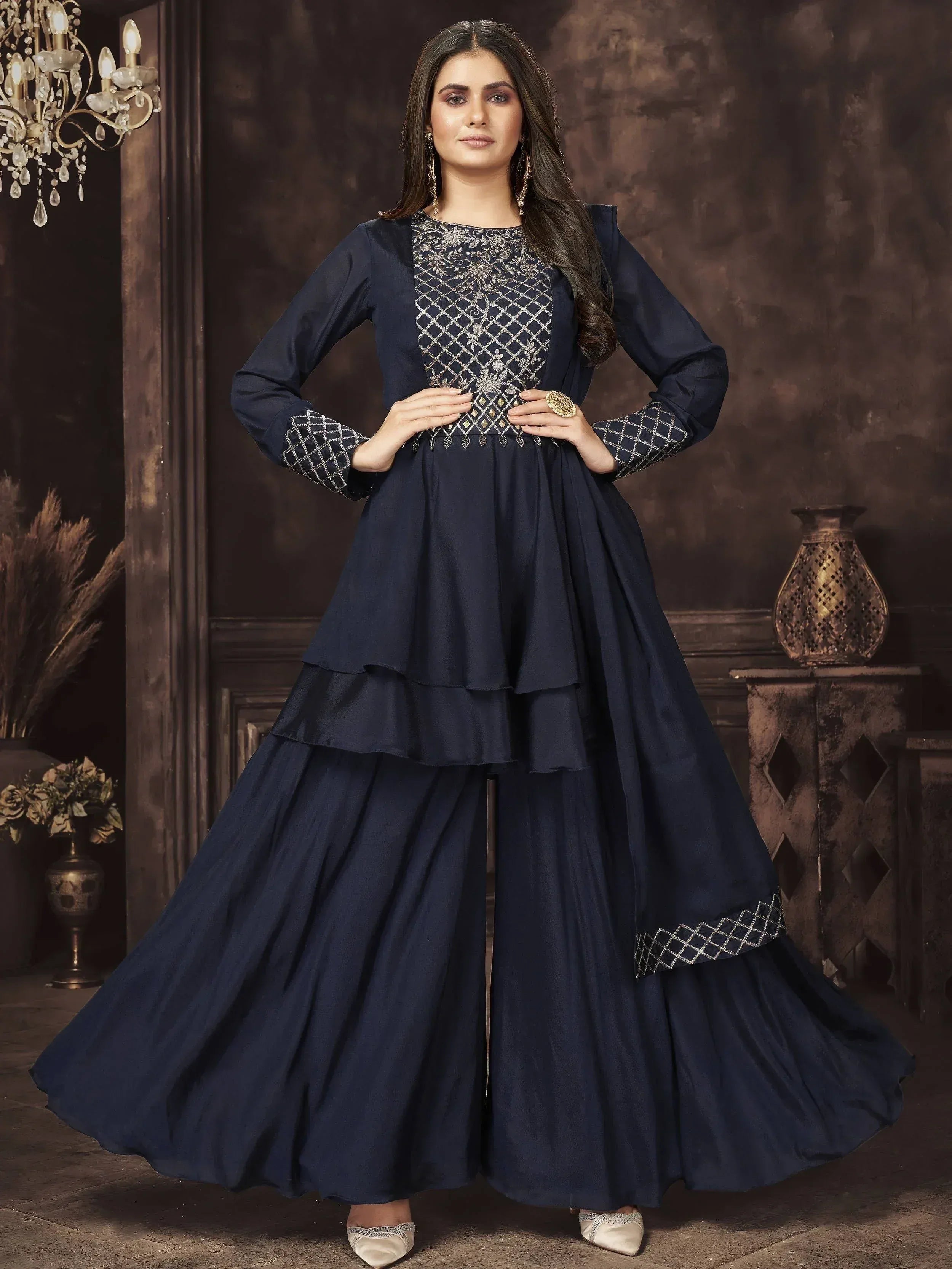 Navy blue ethnic gown with silver embroidery and tiered skirt, perfect for Indian occasions