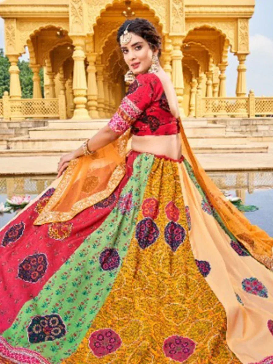 Colorful designer lehenga choli with floral print, perfect for Indian ethnic occasions and weddings