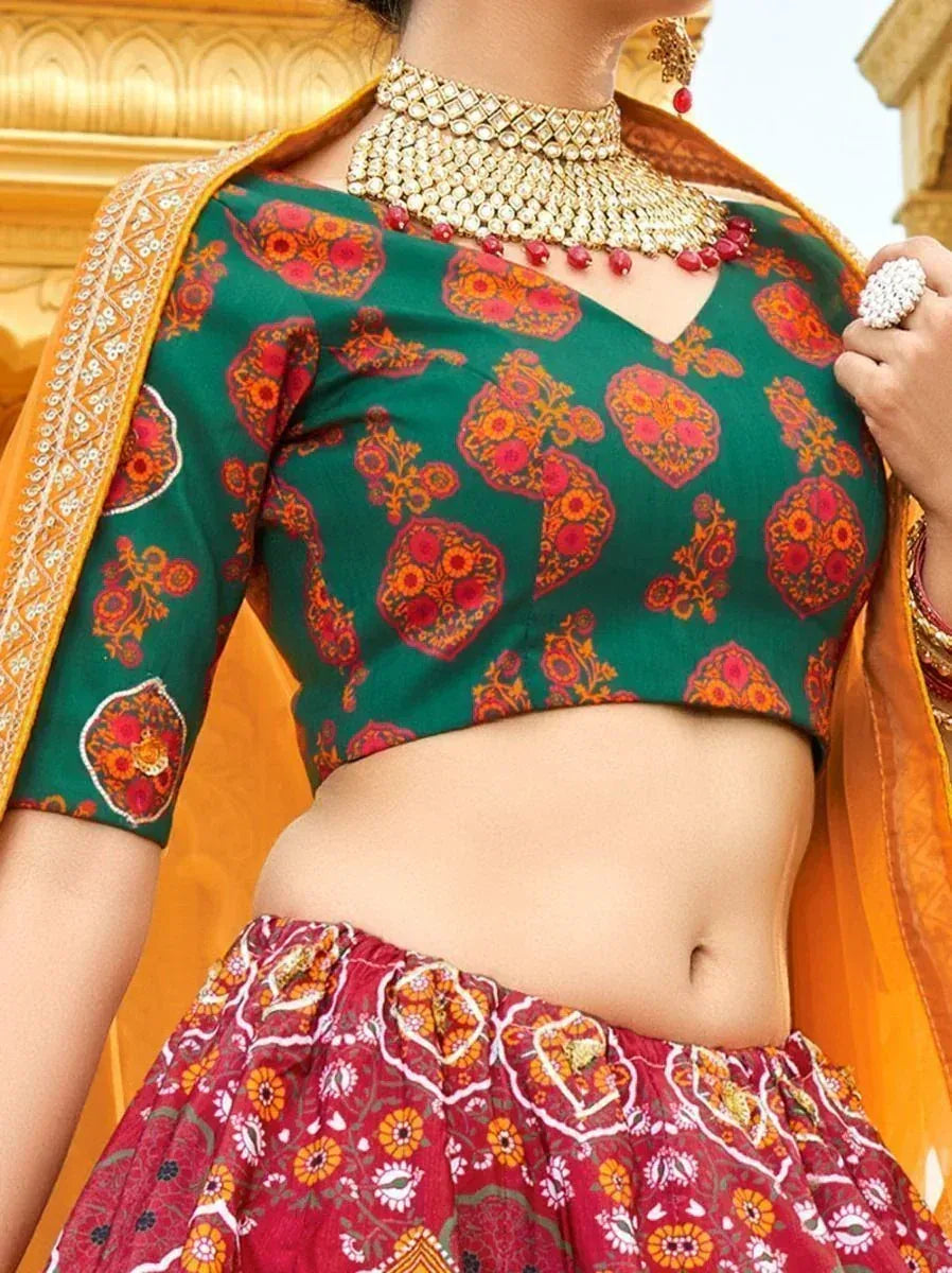 Green floral print lehenga choli with orange dupatta, ethnic Indian wear for women