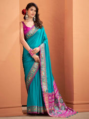 Adorable Teal Blue Silk Border Work Traditional Saree With Blouse