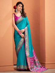 Adorable Teal Blue Silk Border Work Traditional Saree With Blouse