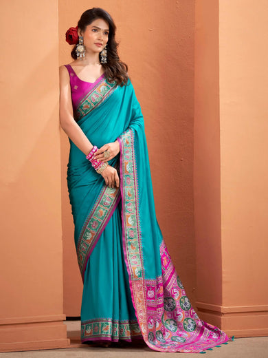 Adorable Teal Blue Silk Border Work Traditional Saree With Blouse